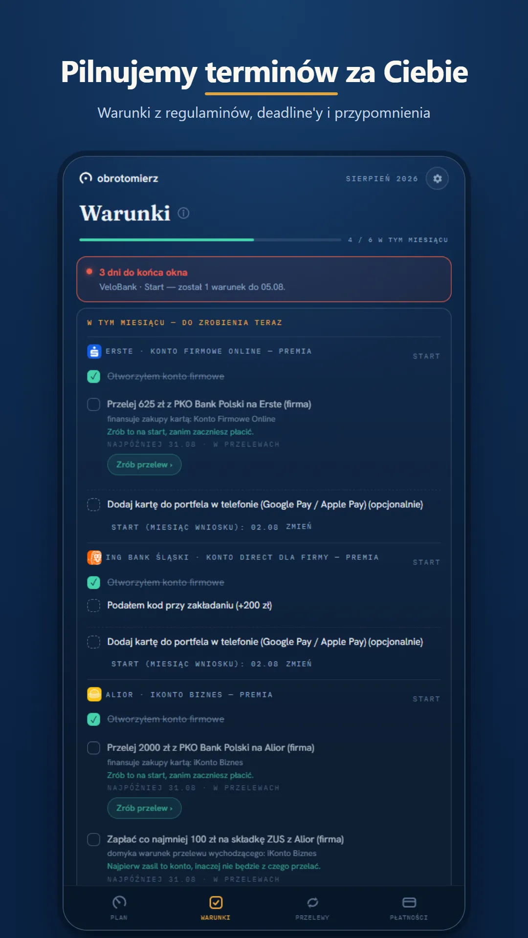 Ekran Warunki: pilnujemy terminów za Ciebie, warunki z regulaminów, terminy i przypomnienia.