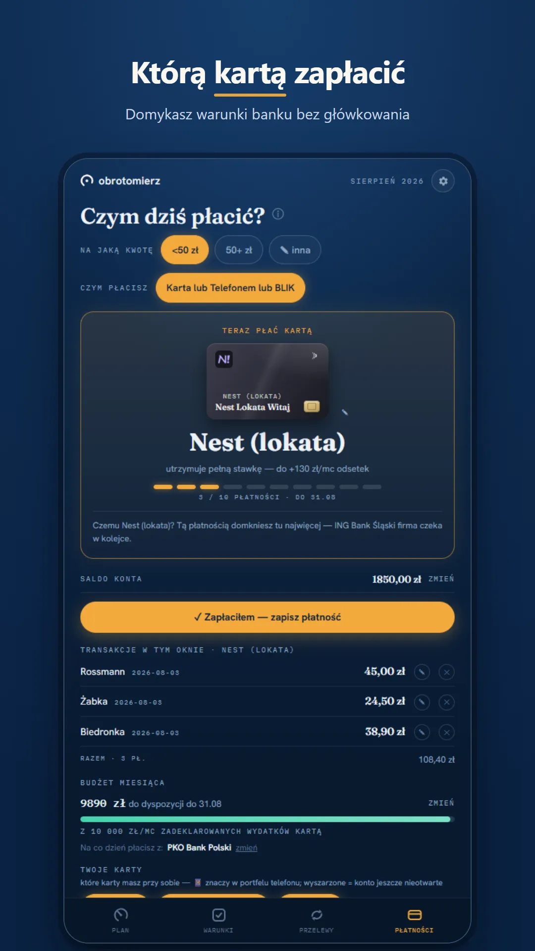 Ekran Płatności: którą kartą zapłacić, domykasz warunki banku bez główkowania.